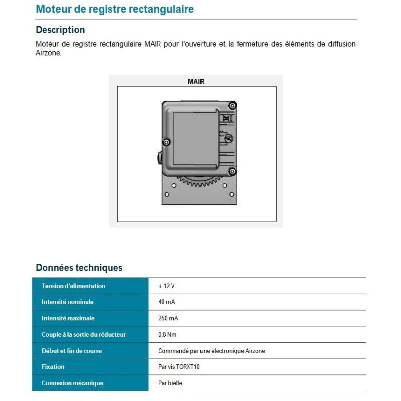 MOTEUR DE REGISTRE RECTANGULAIRE AIRZONE réf:MAIR